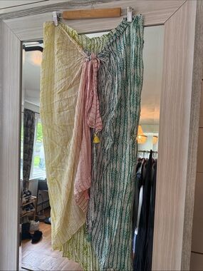 Stella & Dot Green, Yellow and Pink Asymmetrical Crinkle Maxi Skirt